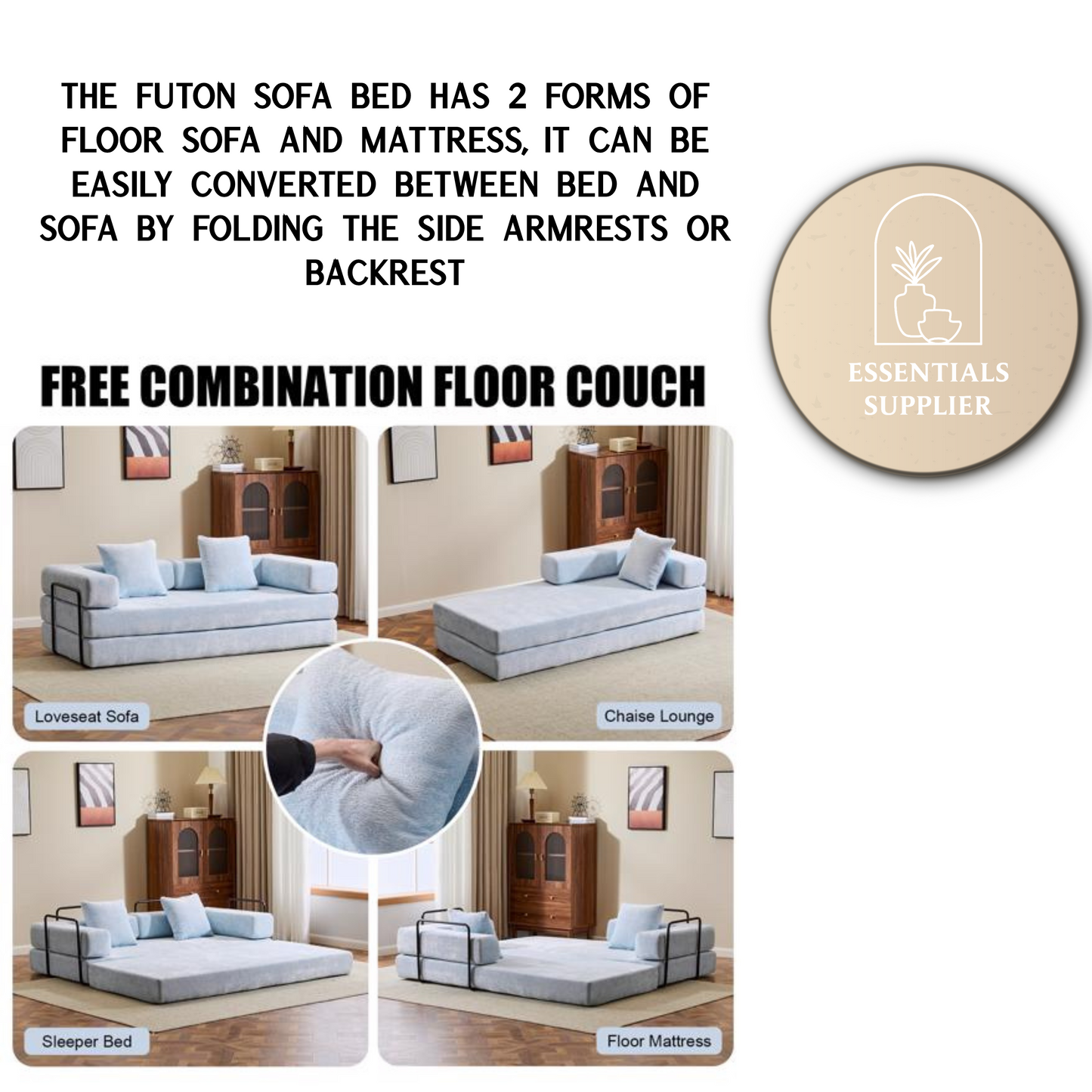 Convertible Corduroy Futon Sofa Bed – Foldable Floor Couch with Sponge Padding