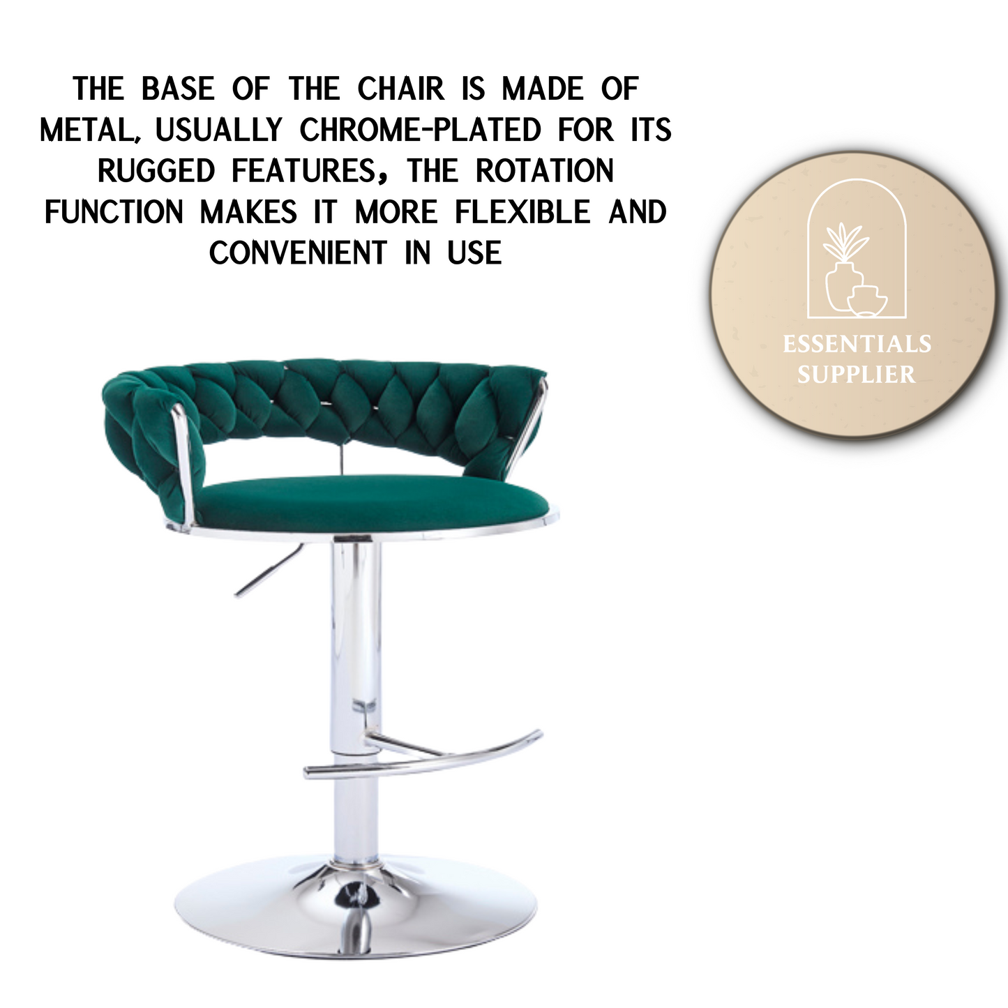 Set of 2 Green Velvet Bar Stools with Chrome Base & Swivel Adjustable Height
