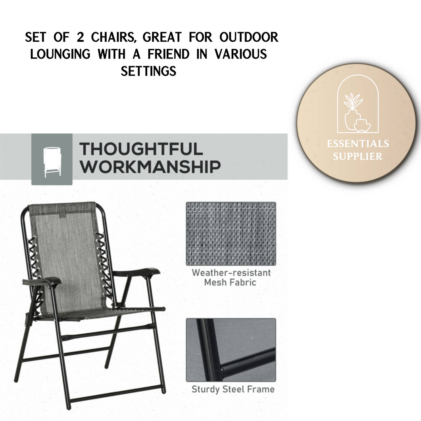 Set of 2 Foldable Mesh Armchairs – Outdoor Lounge Chairs with Armrests