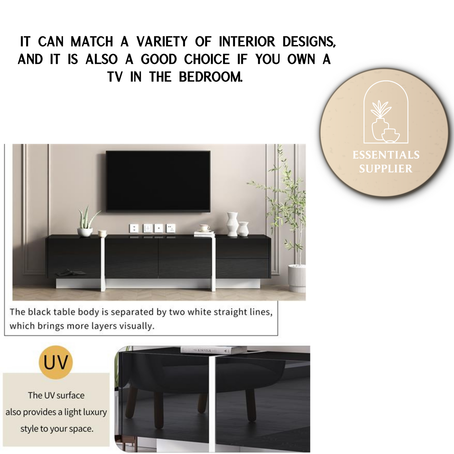 Modern Black & White TV Stand, Fits TVs Up to 80'', High Gloss Cabinet