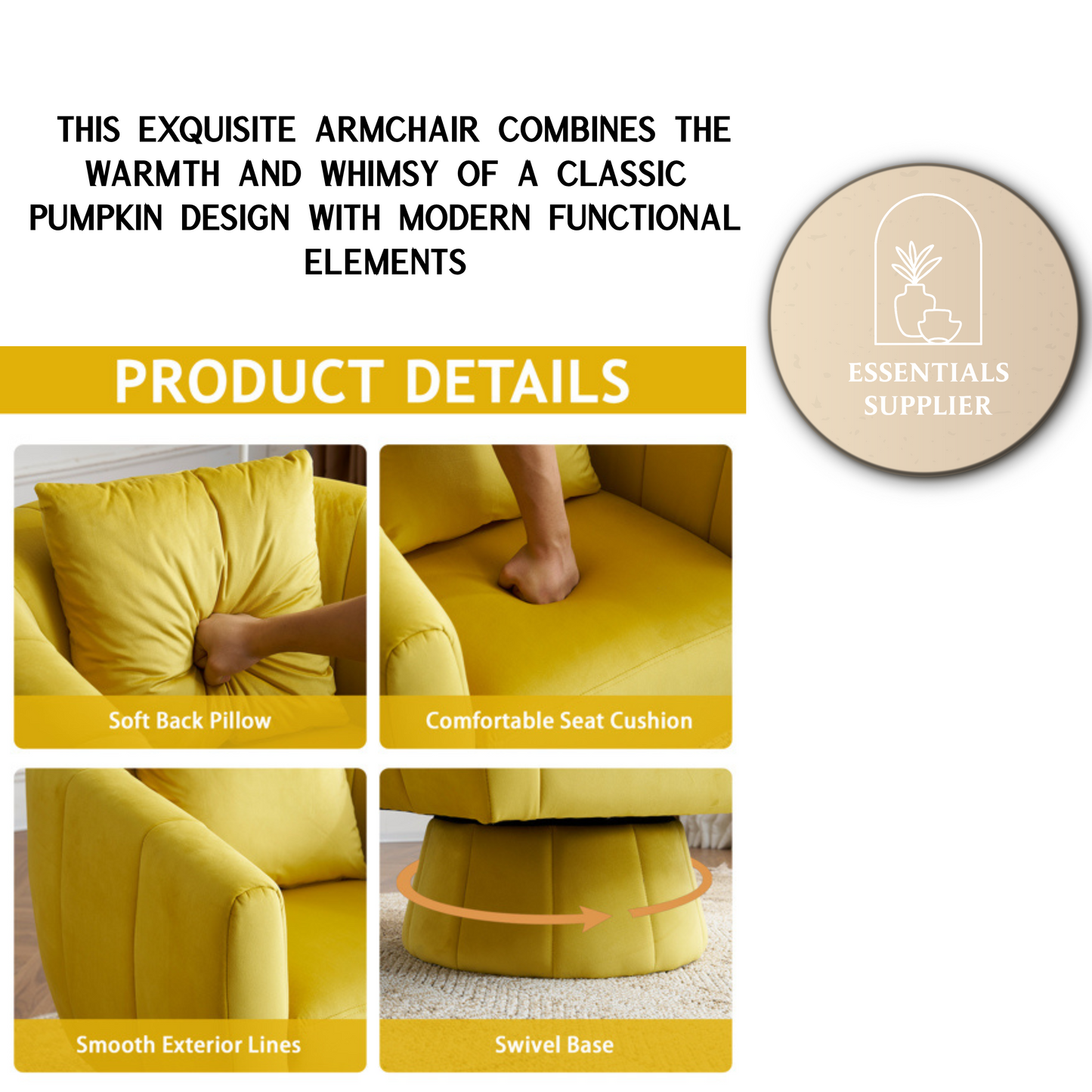 Velvet Accent Chair with Fluffy Cushion – Yellow