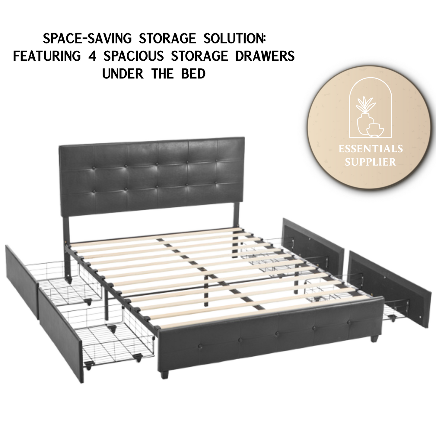 Queen Upholstered Platform Bed with 4 Drawers & Adjustable Tufted Headboard