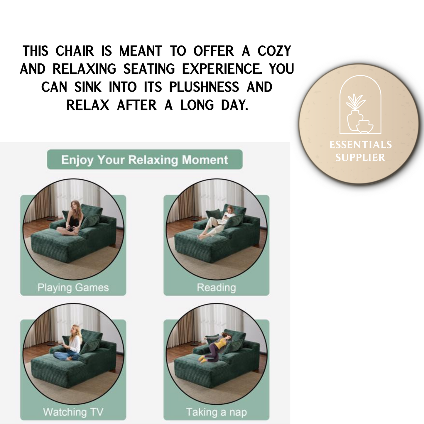 Oversized Chaise Lounge Chair – Plush Corduroy Cloud Couch with 3 Pillows, Green