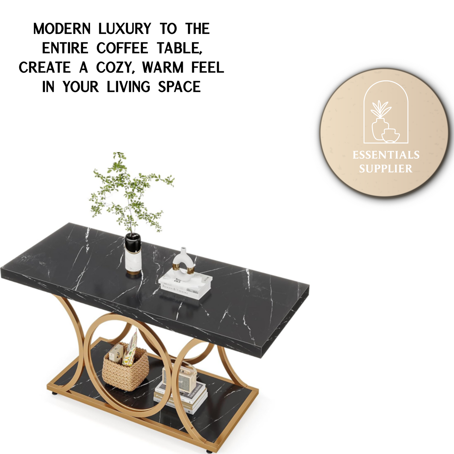 Rustic Black & Wood 2-Tier Coffee Table with Geometric Metal Base