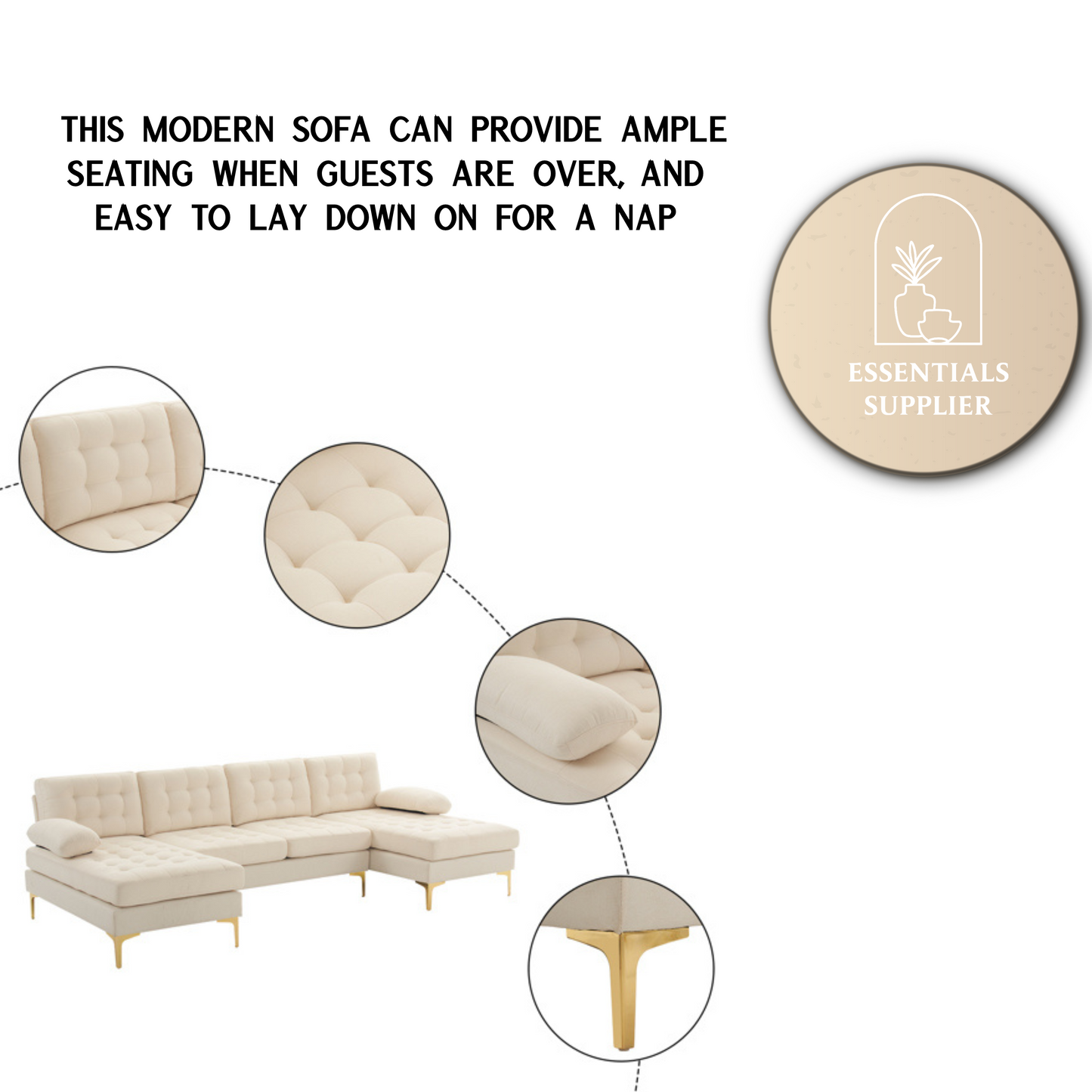 U-Shaped Sectional Sofa – Soft Armrest & Backrest, Wooden & Iron Frame with Gold Legs, Beige Upholstery