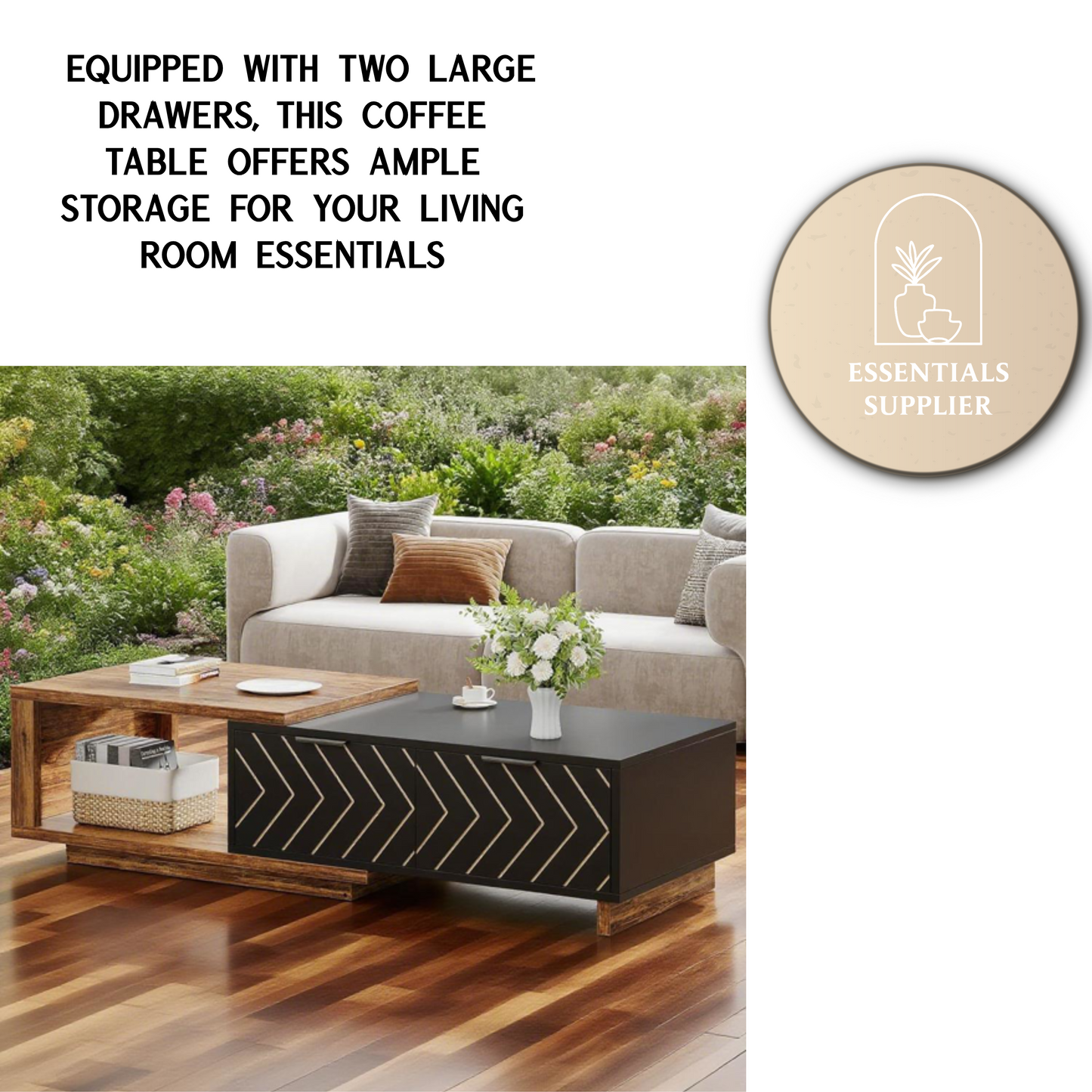 Expandable Dual-Tone Coffee Table – Walnut & Oak with Storage Drawers