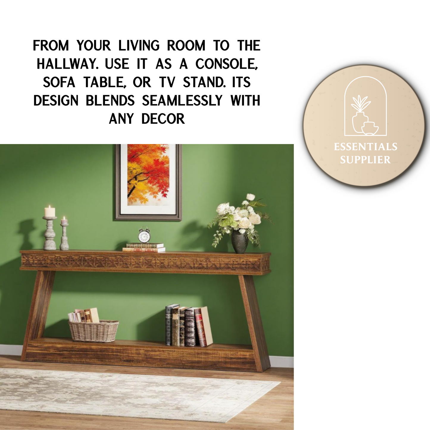 Dark Brown 2-Tier Long Console Table – Rustic Farmhouse Entryway & Sofa Display