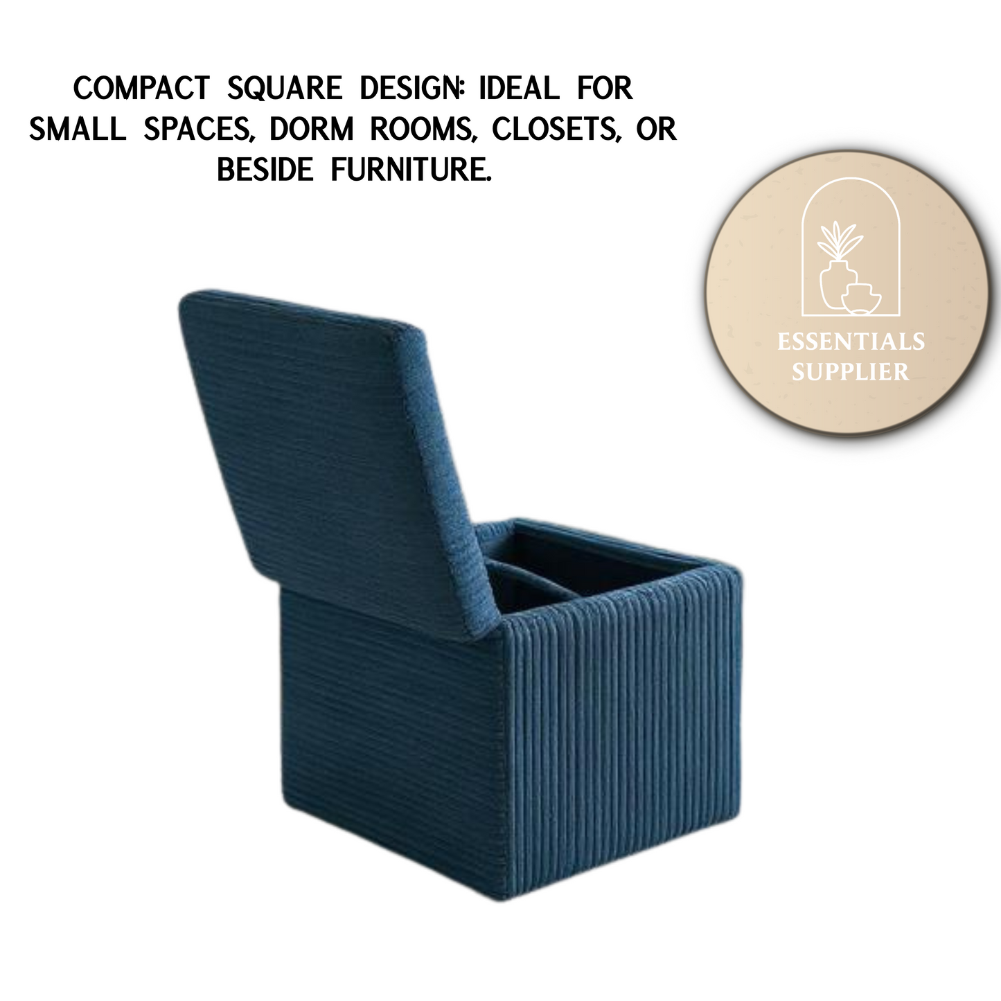 Blue Corduroy Storage Ottoman with Hidden Compartment – 16.5” Cube Seat