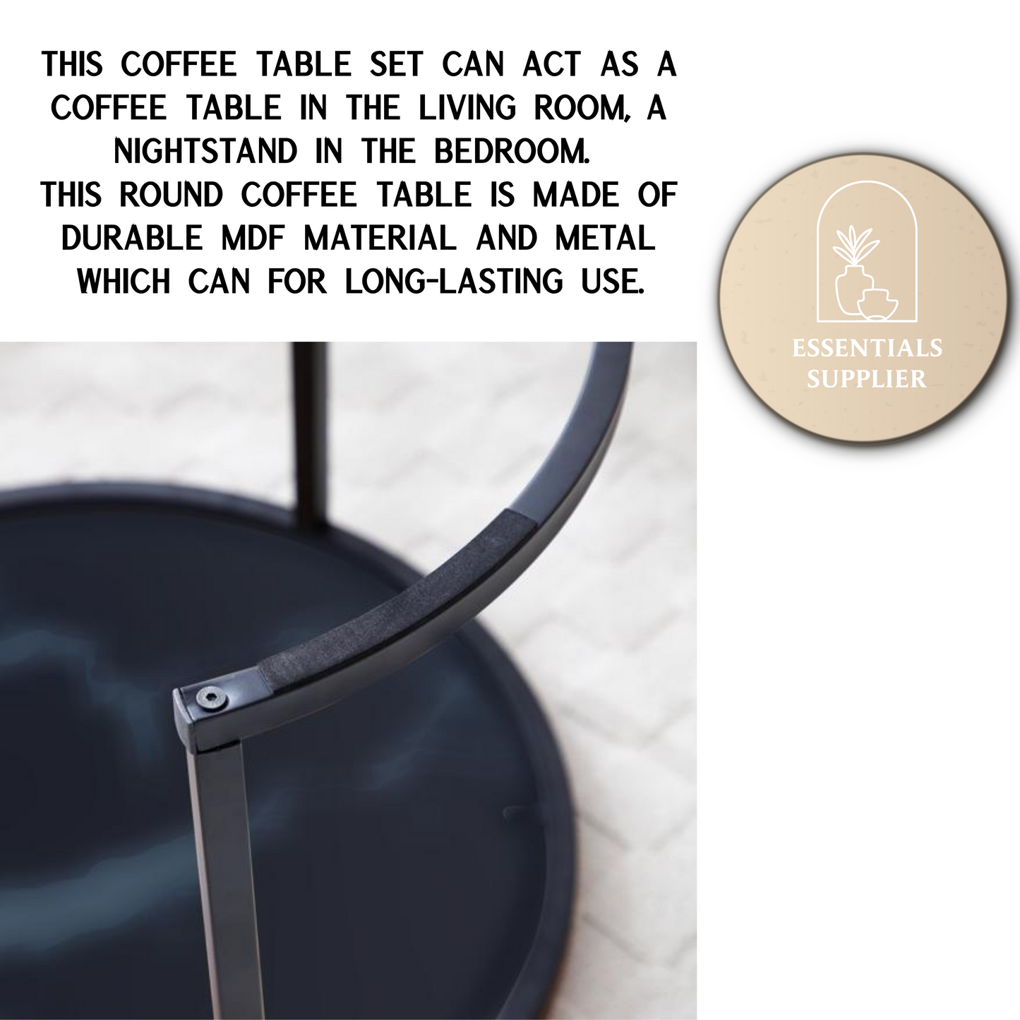 Set of 2 Nesting Coffee Tables – Round Black Frame with Marble Pattern Tops