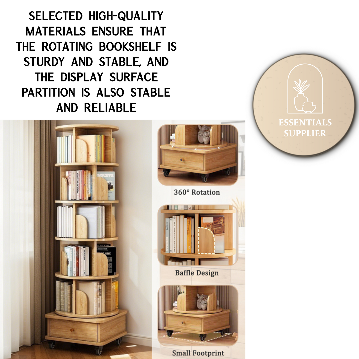 6-Tier 360° Rotating Bookshelf with Wheels & Drawer, Space-Saving Wood Color