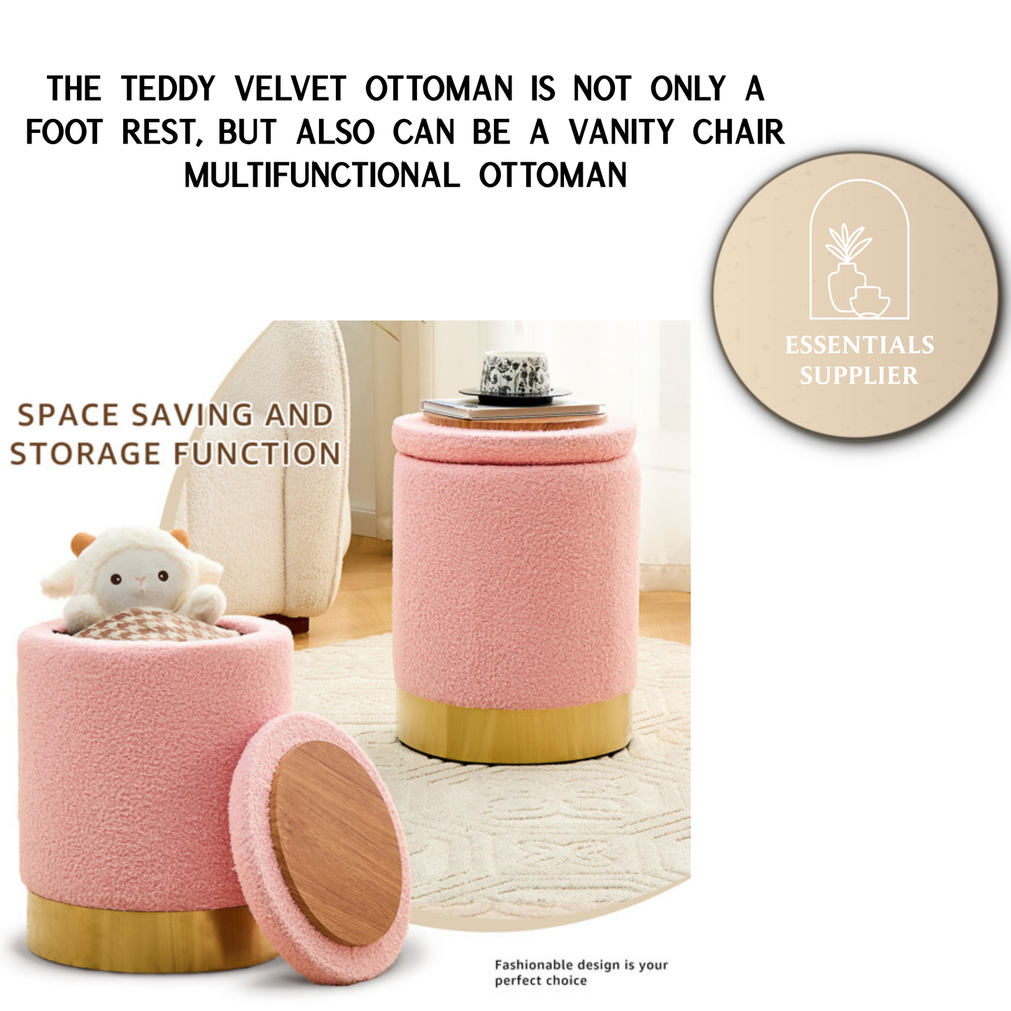 Teddy Velvet Round Ottoman Stool with Storage, Padded Seat, Metal Base, Pink
