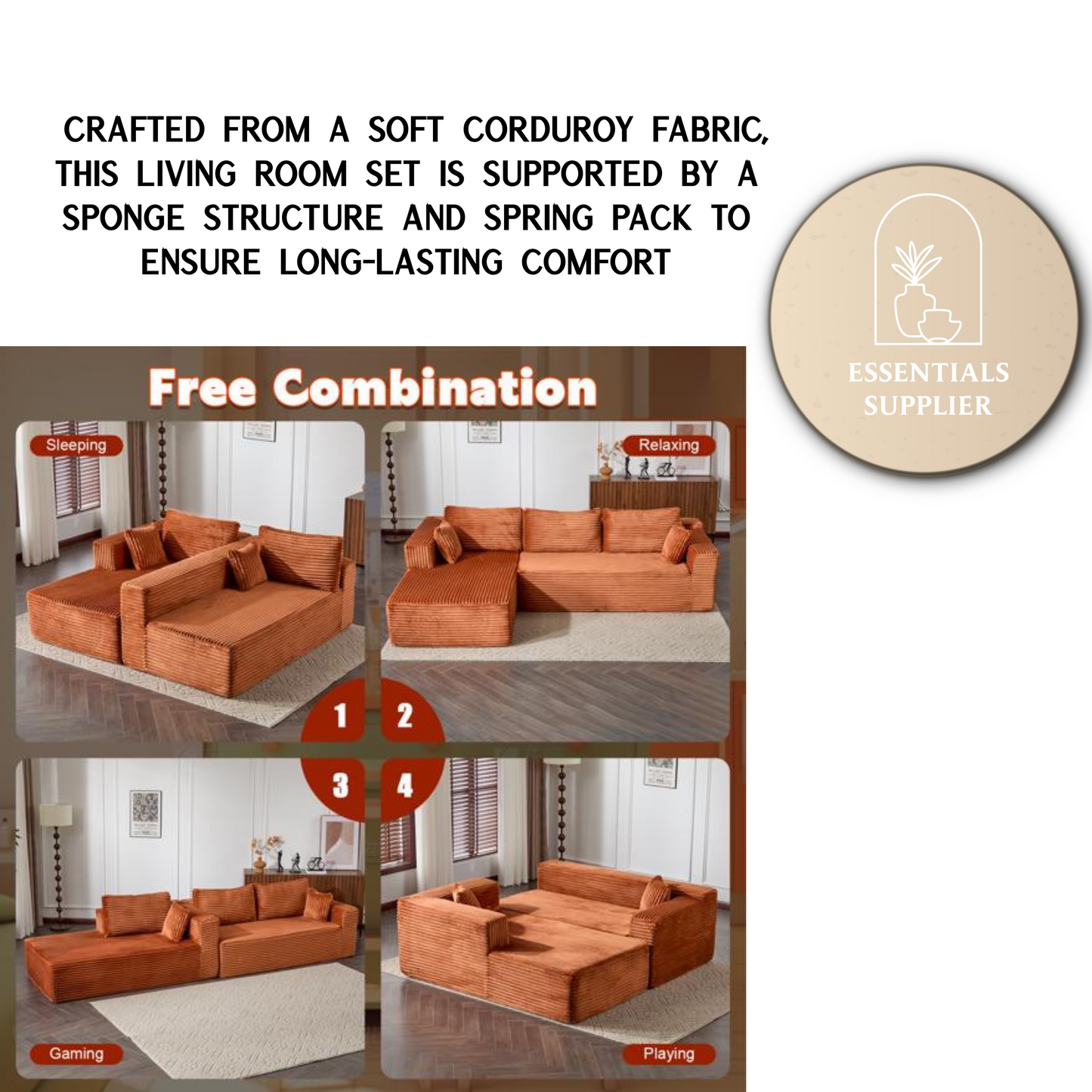 Modular L-Shaped Corduroy Sectional Sofa with Chaise – Brown