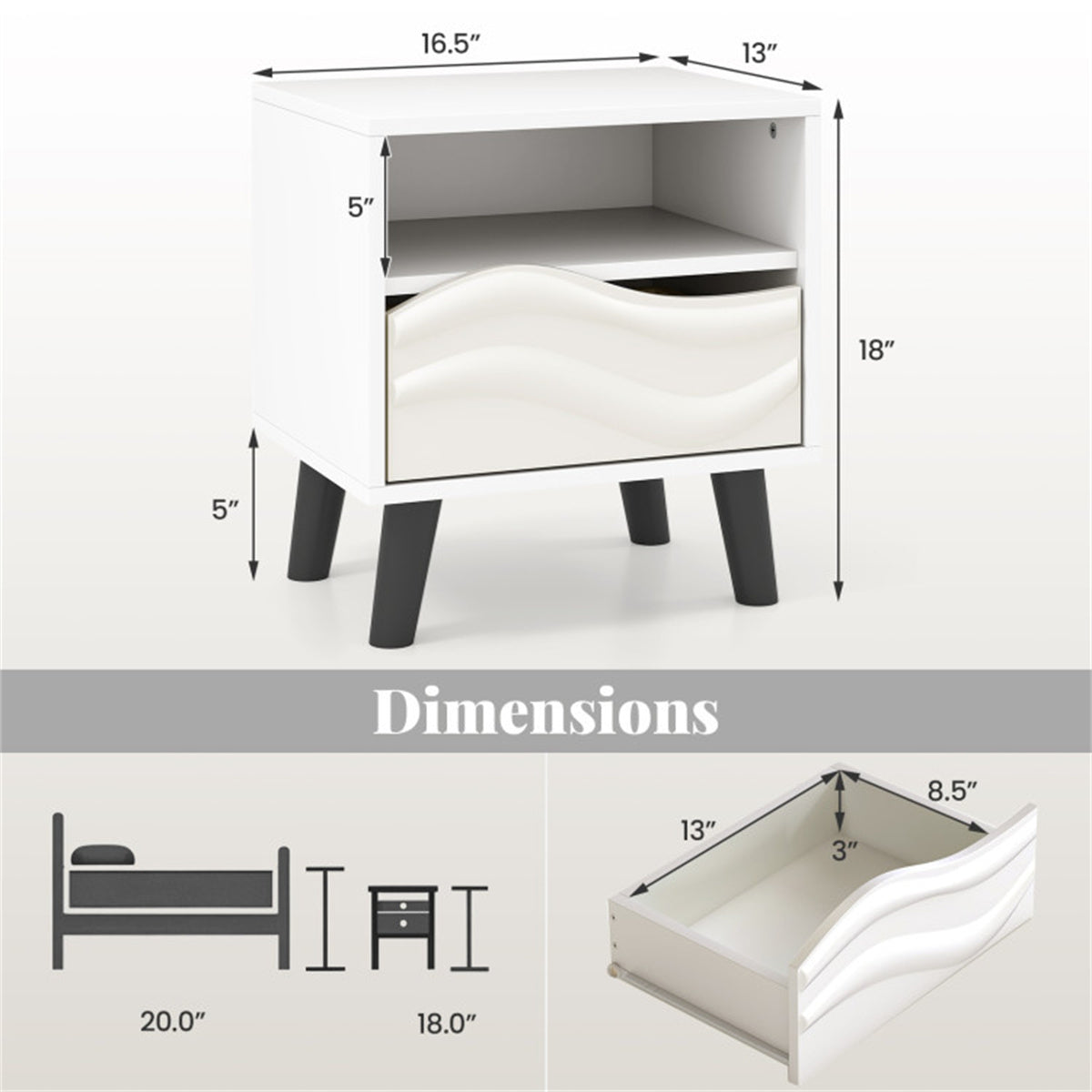 White Nightstand with Drawer & Open Shelf – Modern Compact Bedside Table