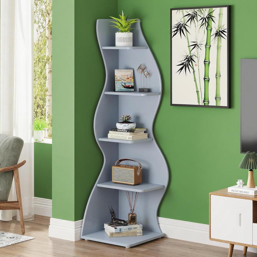 Bookcase Wavy 5-Tier Blue Corner Bookshelf – Modern Sculpted Storage Rack