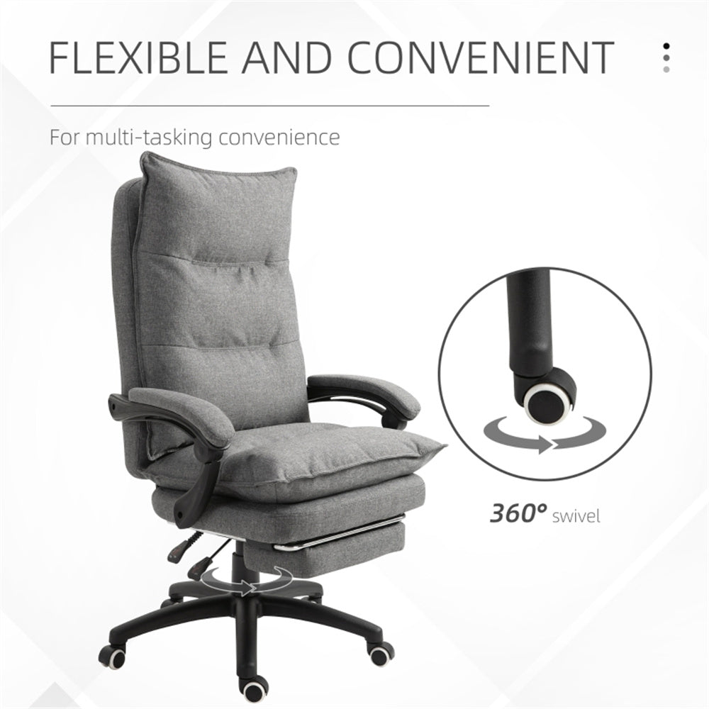 Grey High-Back Reclining Office Chair with Footrest & Linen-Style Upholstery