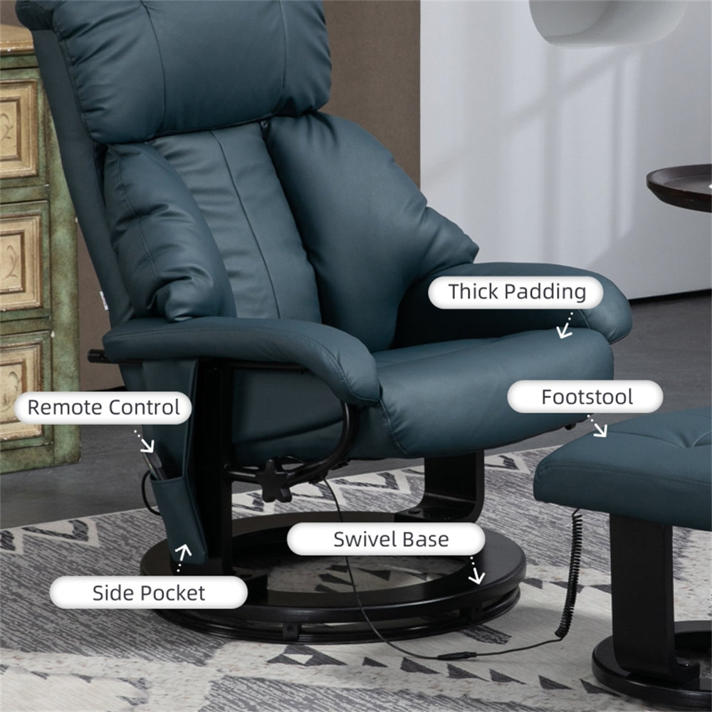 PU Leather Massage Recliner Chair with Ottoman & Remote, Blue