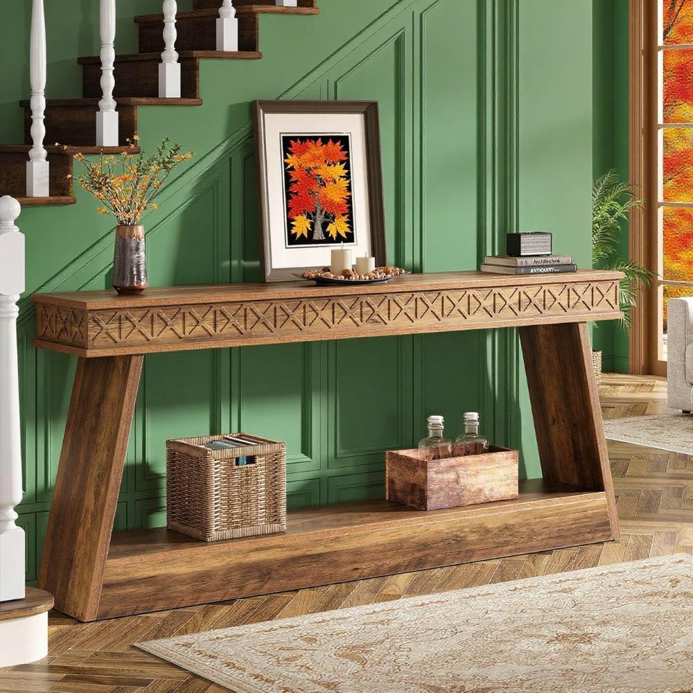 Rustic Brown 2-Tier Long Console Table – Farmhouse Style Entryway & Sofa Table