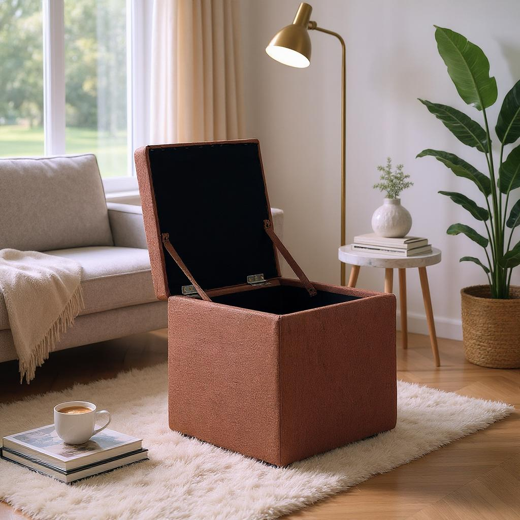 Brown Corduroy Storage Ottoman with Hidden Compartment – 16.5” Cube Seat