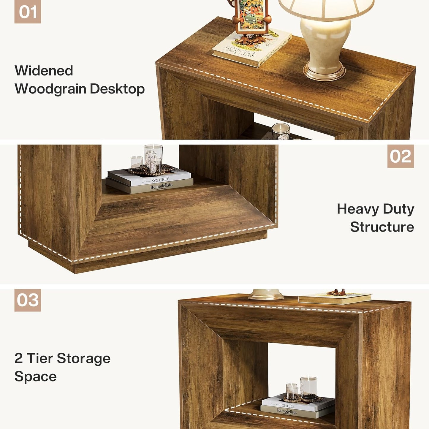 Mid-Century Rustic Coffee Table with 2-Tier Shelves – Oversized End Table