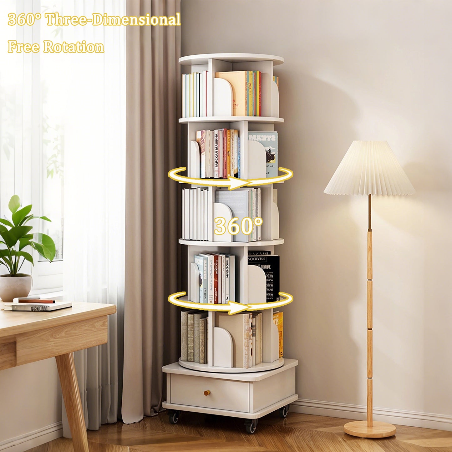 6-Tier 360° Rotating Bookshelf with Wheels & Drawer, Space-Saving Warm White