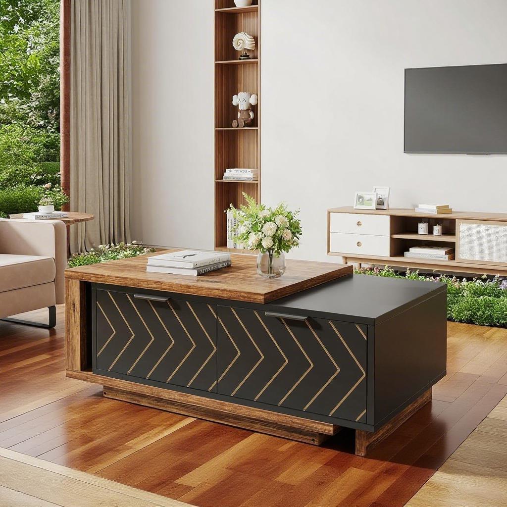 Expandable Dual-Tone Coffee Table – Walnut & Oak with Storage Drawers