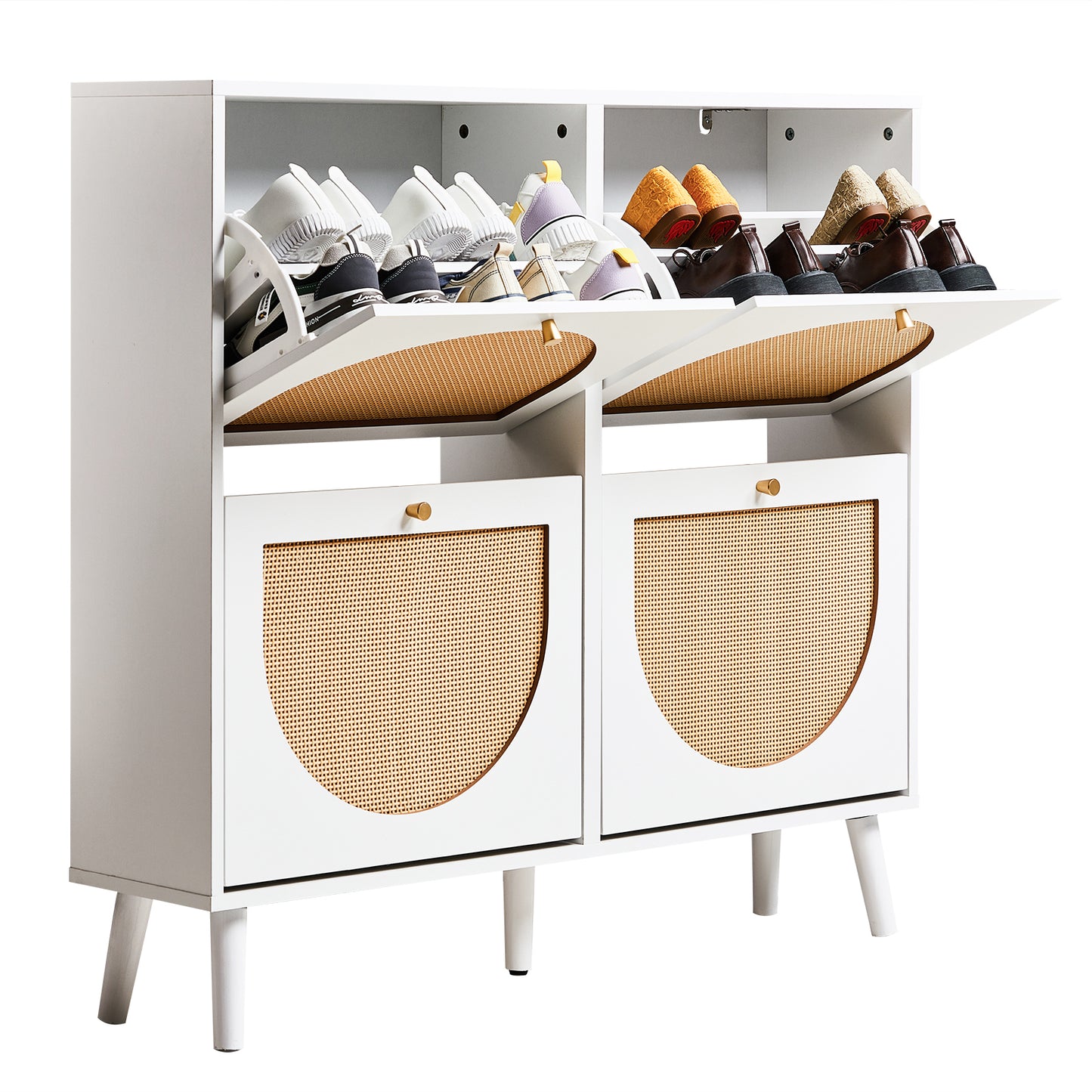2-Row 4-Bucket Rattan Shoe Cabinet, White & Wood Finish w/ Gold High Legs