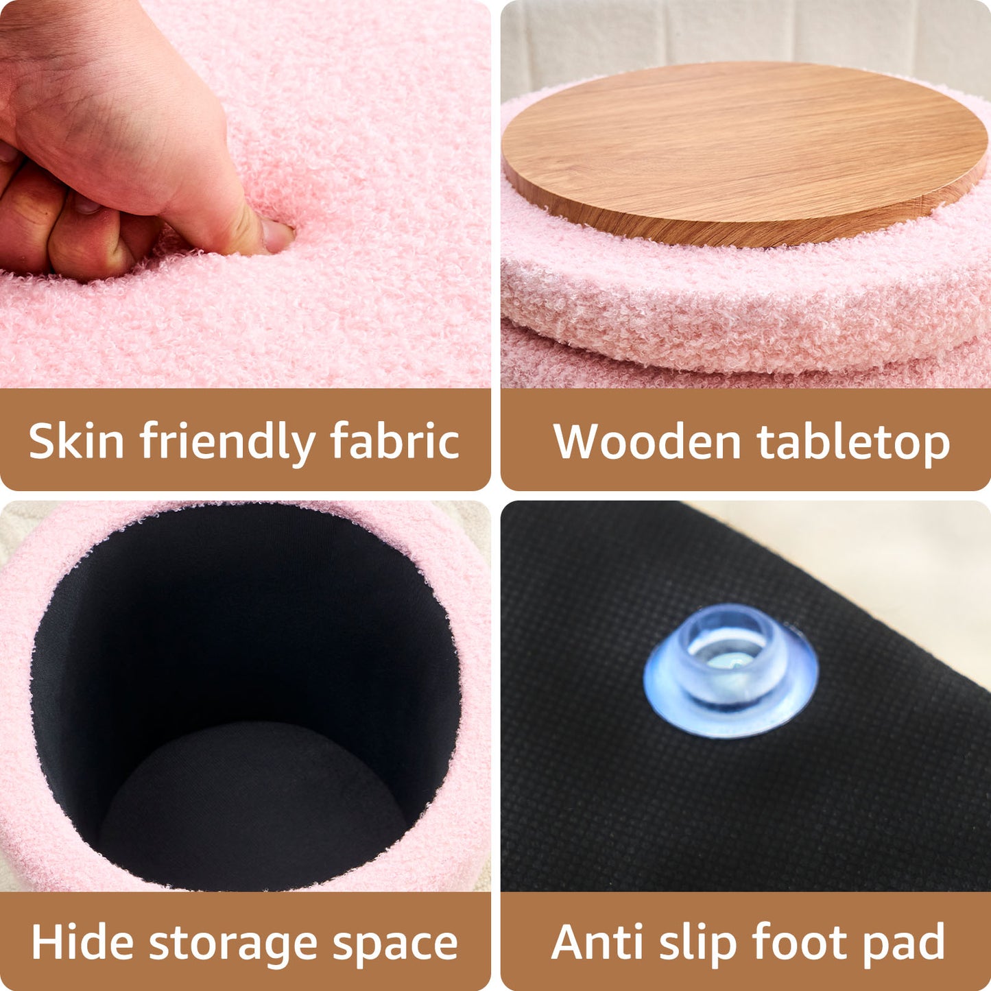 Teddy Velvet Round Ottoman Stool with Storage, Padded Seat, Metal Base, Pink