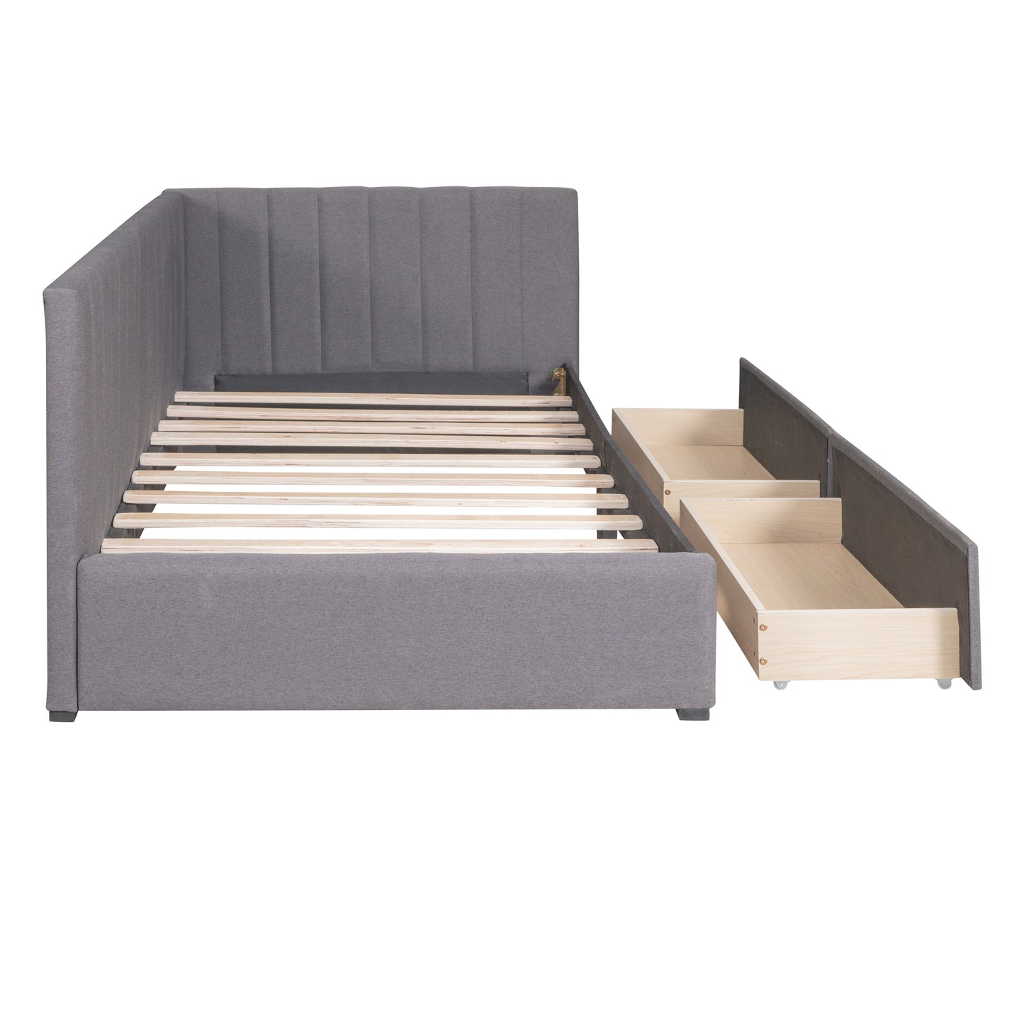 Gray Twin Upholstered Daybed with 2 Storage Drawers – Linen Sofa Bed Frame