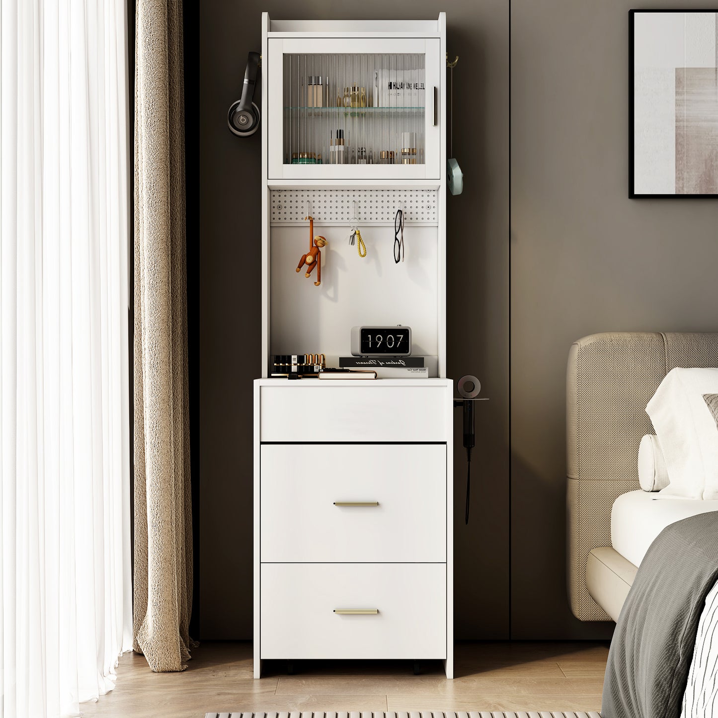 Compact Vanity Desk with Mirror, LED Lights, Charging Station & Stool, White