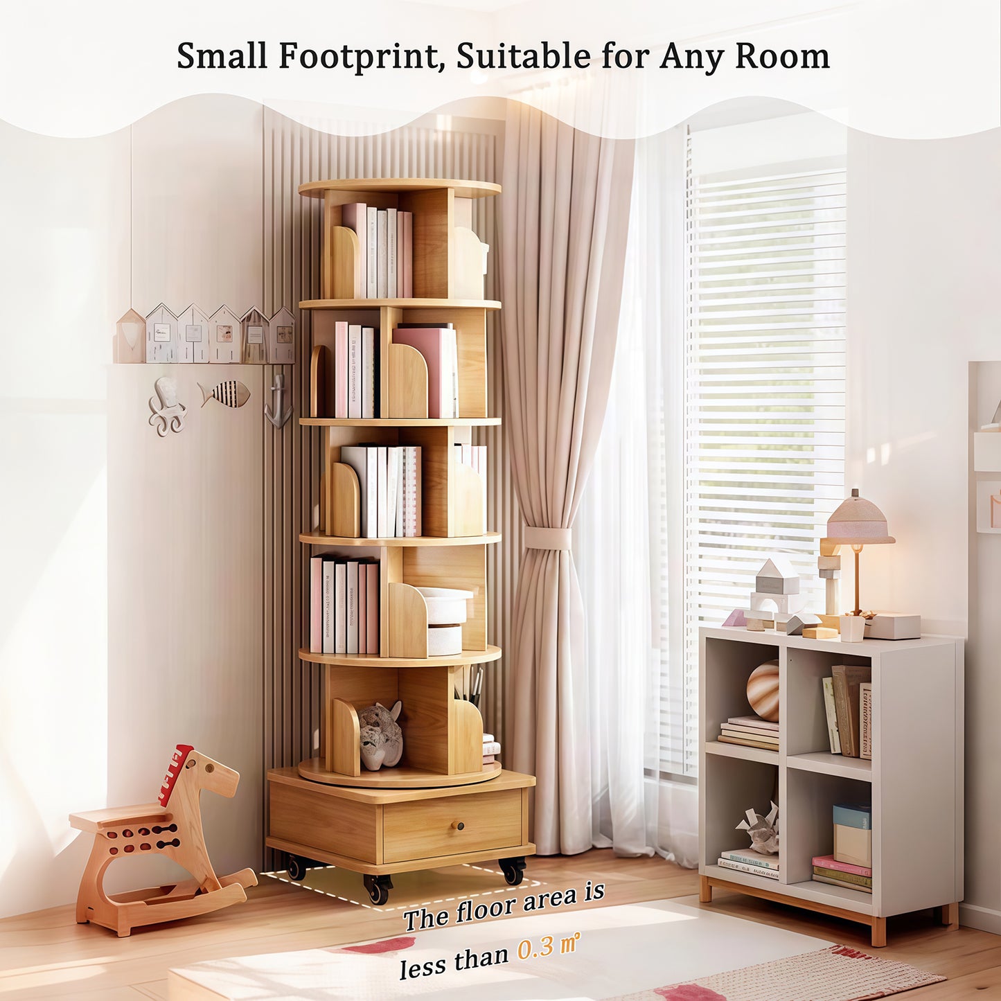 6-Tier 360° Rotating Bookshelf with Wheels & Drawer, Space-Saving Wood Color