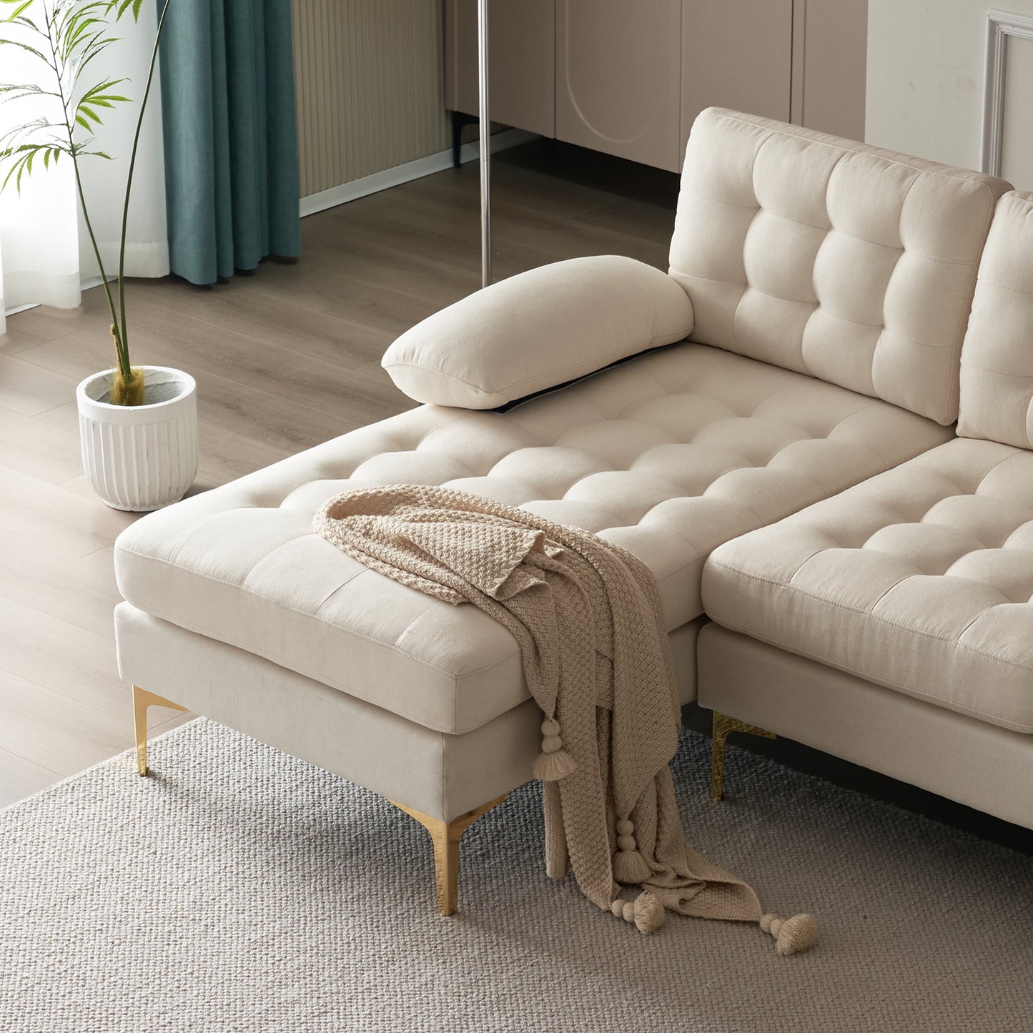 U-Shaped Sectional Sofa – Soft Armrest & Backrest, Wooden & Iron Frame with Gold Legs, Beige Upholstery