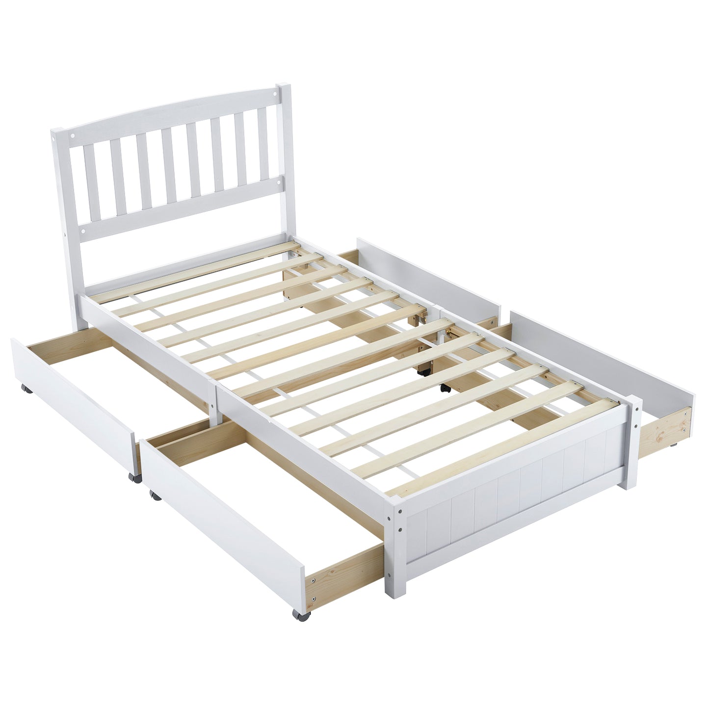 Twin Pine Wood Platform Bed with 4 Storage Drawers & Curved Headboard – White