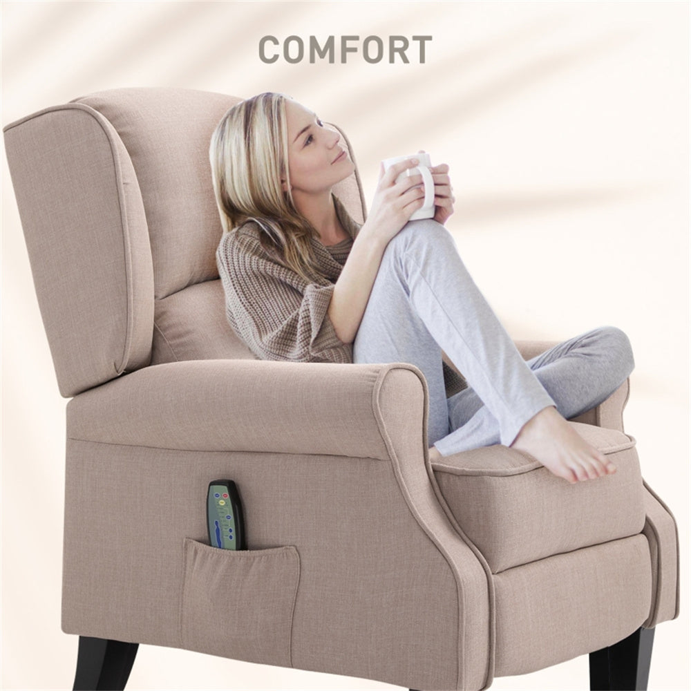 Heated Massage Recliner Chair with Lumbar Support – Manual Pushback, Beige