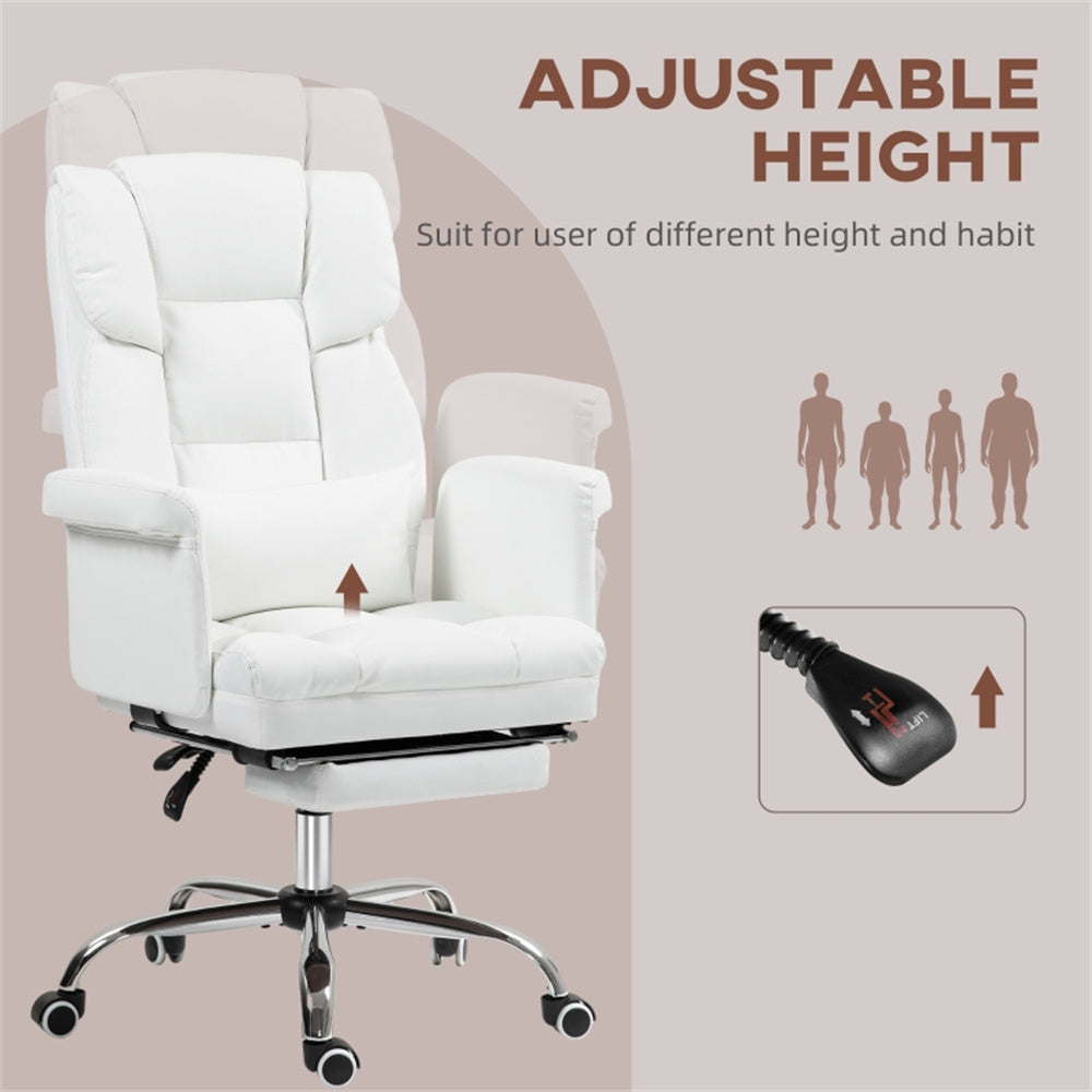 White Massage Office Chair with Reclining Back, Footrest & PU Leather Finish
