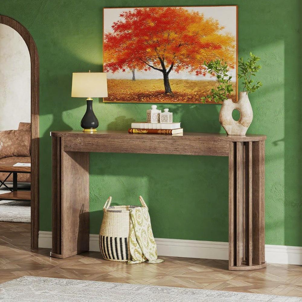 59" Vintage Wood Console Table with Curved Base – Rustic Entryway & Sofa Accent