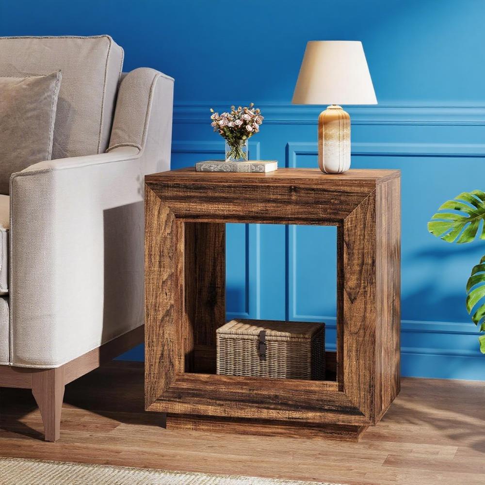 Rustic Farmhouse End Table with Shelf – Distressed Brown Coffee side Table