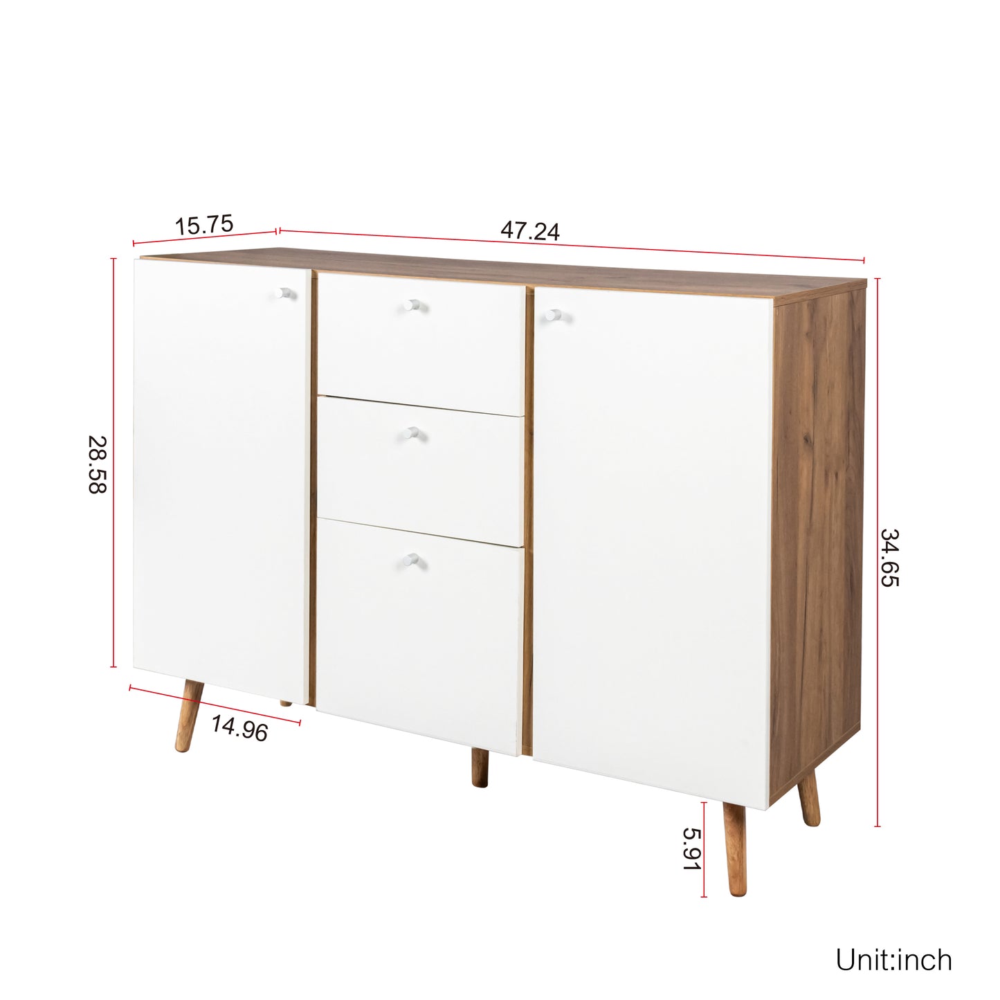 47" Sideboard Buffet Cabinet with 3 Drawers & 2 Doors, Adjustable Shelves
