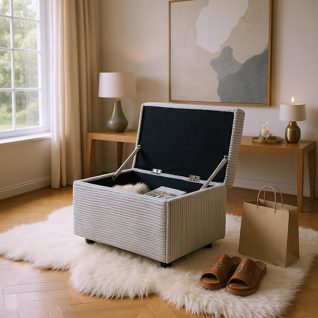 Light Gray Corduroy Storage Ottoman Bench with Hidden Compartment – 24.8
