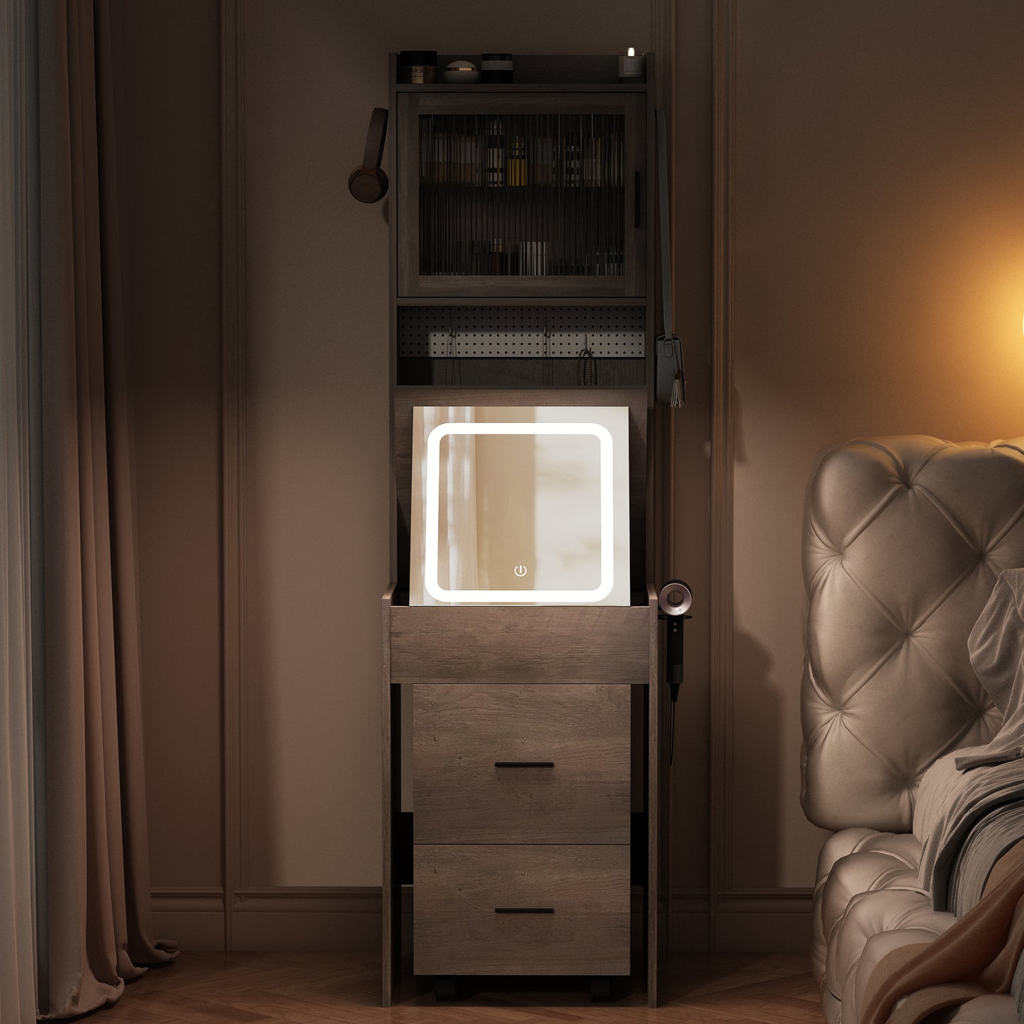 Compact Vanity Desk with Mirror, LED Lights, Charging Station & Stool, White