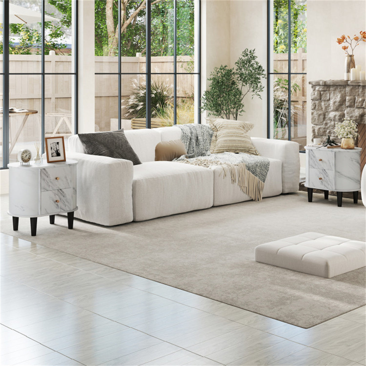 White Nightstand with Faux Marble Top & 2 Drawers – Modern Bedroom Side Table