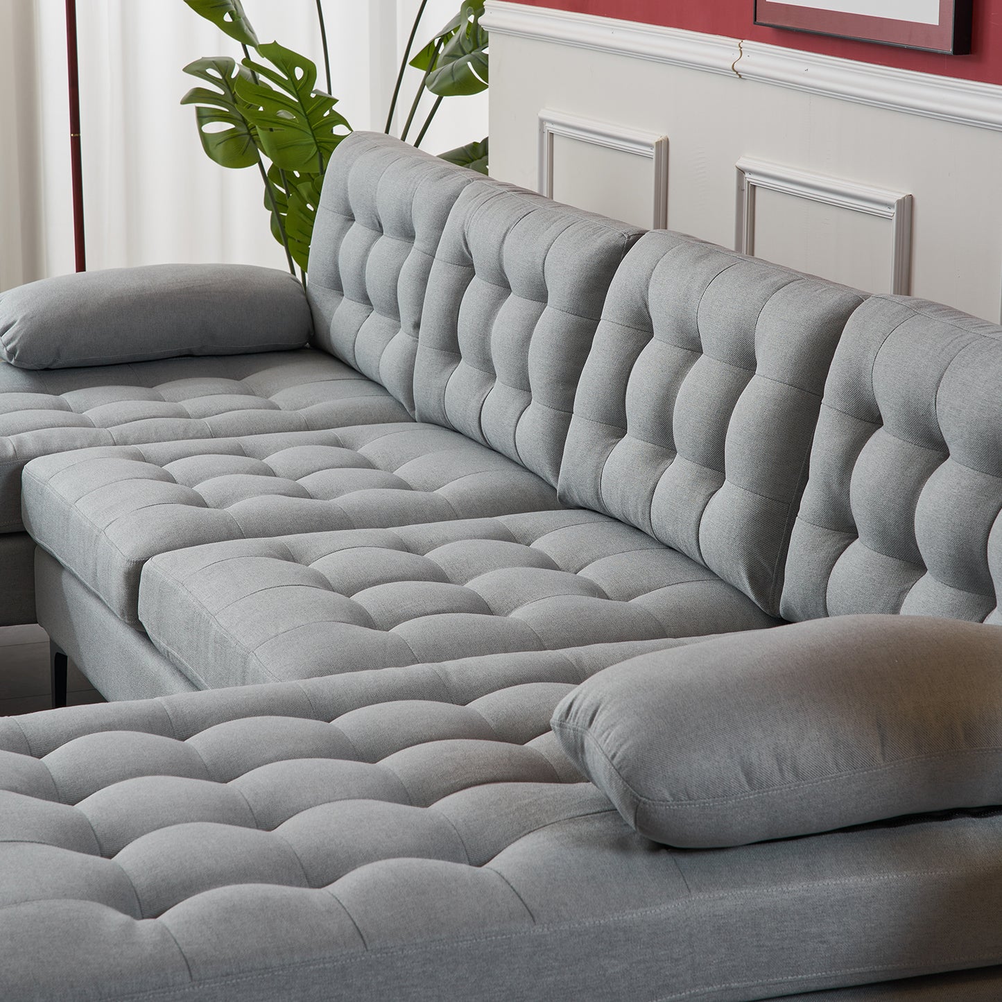 U-Shaped Sectional Sofa – Soft Armrest & Backrest, Wooden & Iron Frame with Gold Legs, Beige Upholstery