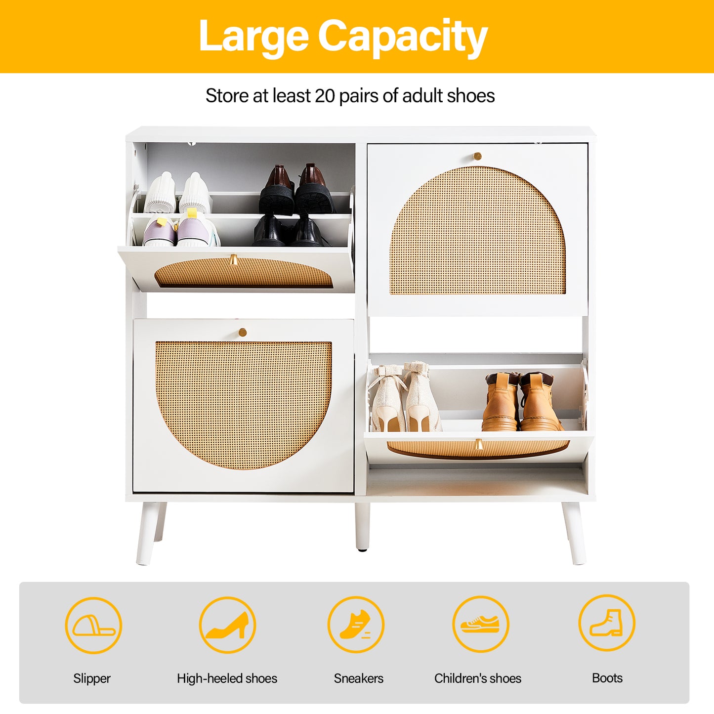 2-Row 4-Bucket Rattan Shoe Cabinet, White & Wood Finish w/ Gold High Legs