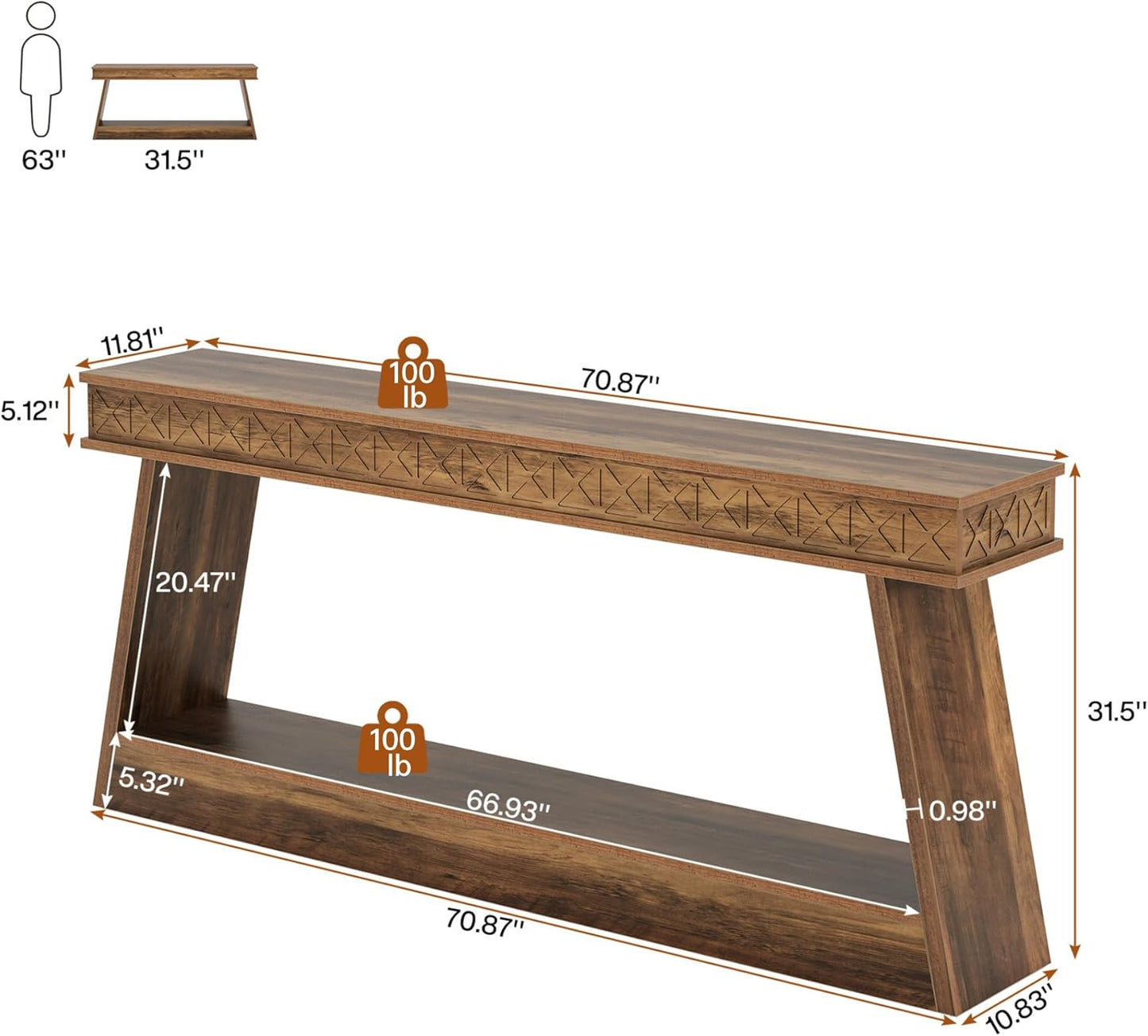Rustic Brown 2-Tier Long Console Table – Farmhouse Style Entryway & Sofa Table