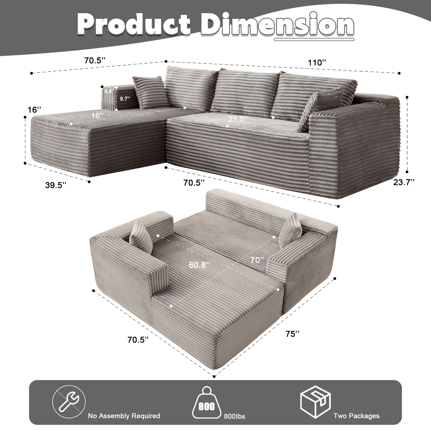 Modular L-Shaped Corduroy Sectional Sofa with Chaise – Grey