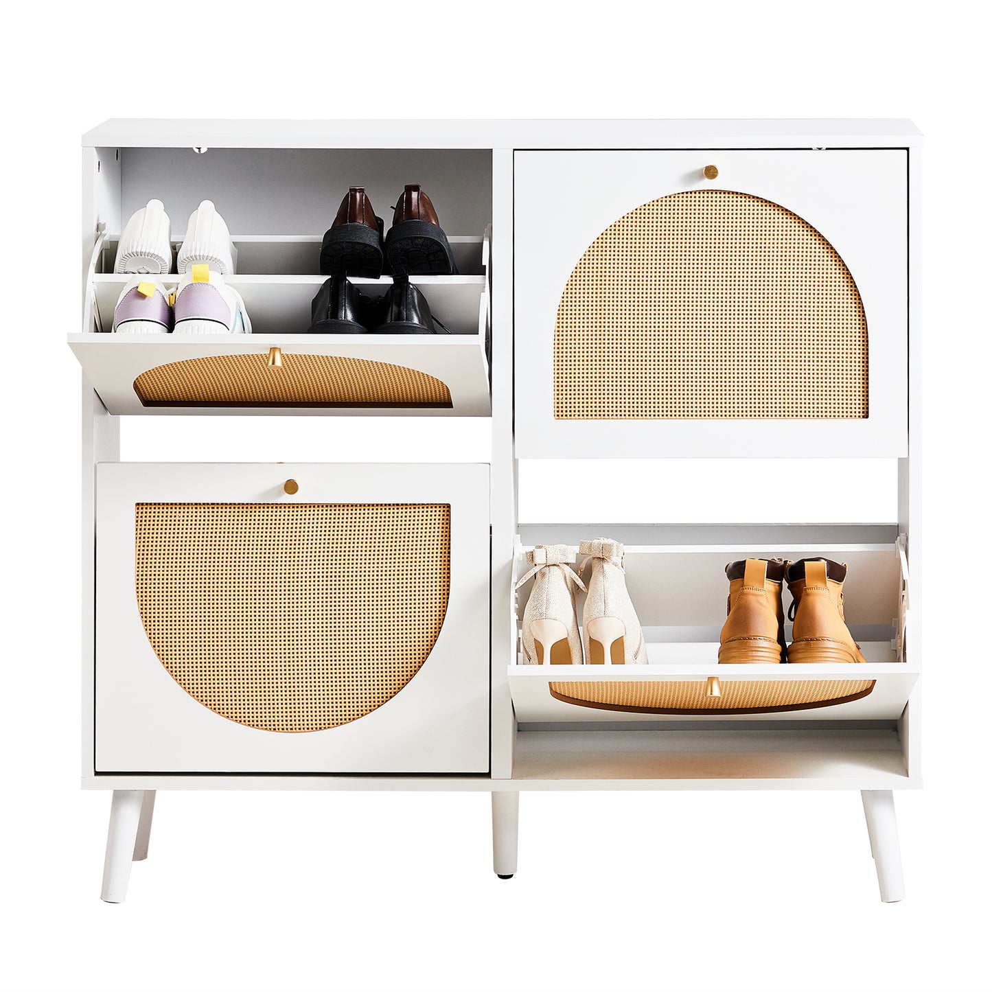 2-Row 4-Bucket Rattan Shoe Cabinet, White & Wood Finish w/ Gold High Legs