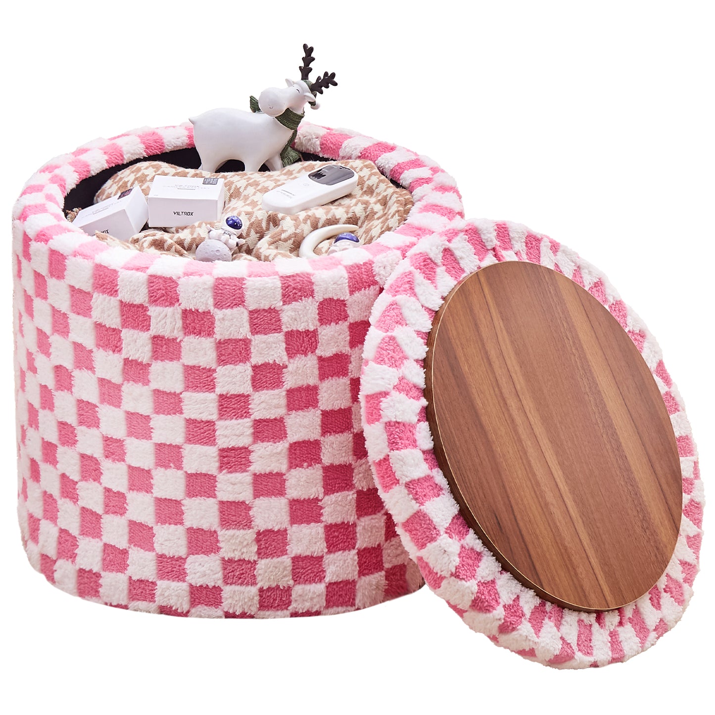 Round Pink Faux Fur Ottoman with Storage – Footrest for Bedroom or Vanity