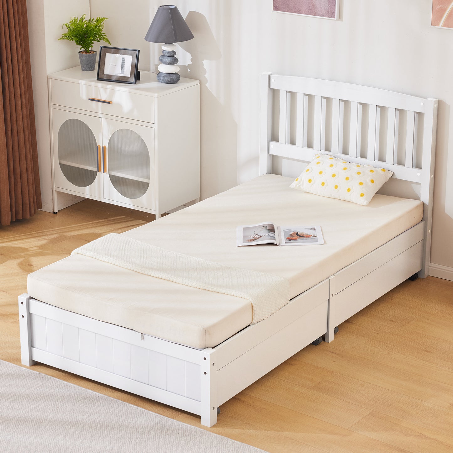 Twin Pine Wood Platform Bed with 4 Storage Drawers & Curved Headboard – White