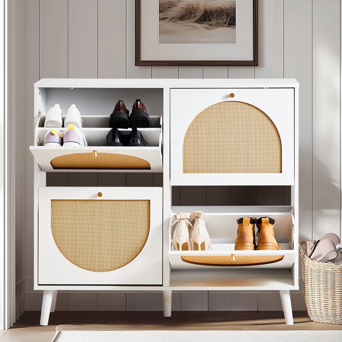 2-Row 4-Bucket Rattan Shoe Cabinet, White & Wood Finish w/ Gold High Legs