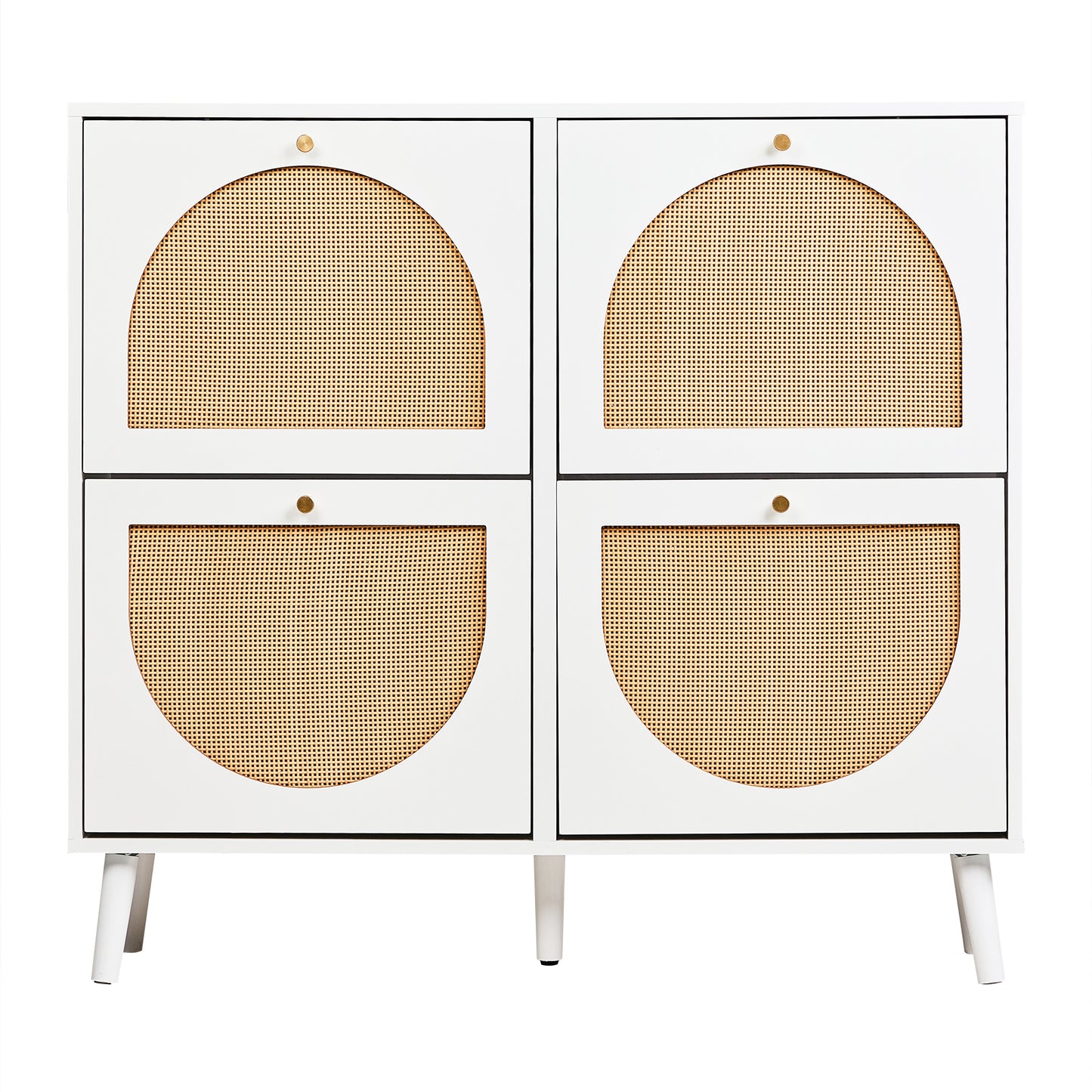2-Row 4-Bucket Rattan Shoe Cabinet, White & Wood Finish w/ Gold High Legs