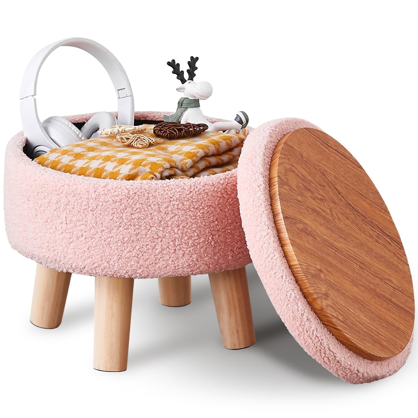 Round Storage Ottoman, Teddy Velvet Footrest with Wood Legs for Living Room, Pink